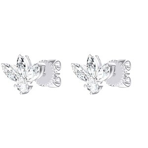 May include: A pair of silver-toned stud earrings featuring a cluster of clear, marquise-cut stones arranged in a floral-like pattern. Each earring includes a small round stone at the base and a secure post backing with a textured, scalloped edge.