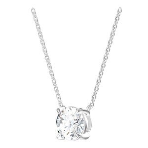 May include: A silver-toned necklace featuring a single round, clear, faceted stone set in a four-prong setting. The pendant is suspended from a delicate, thin silver-toned chain with small, uniform links that extend upward from the central stone.