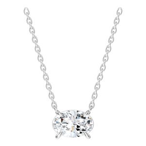 May include: A silver-toned necklace featuring a delicate chain and a single, clear, oval-shaped faceted stone set in a four-prong setting. The pendant is centered on the chain, which consists of small, uniform, polished oval links.