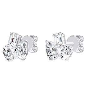 May include: A pair of silver-toned stud earrings, each featuring a cluster of three clear, faceted stones in emerald, pear, and round cuts. The earrings include a secure post backing with a textured, circular edge for a firm hold on the earlobe.