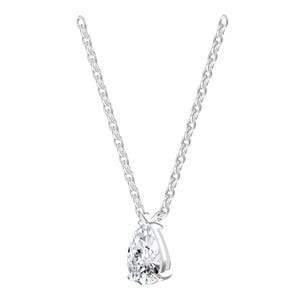 May include: A silver-toned metal chain necklace featuring a single pear-shaped clear faceted stone pendant. The pendant is held in a prong setting, suspended from a delicate link chain that forms a V-shape, showcasing a polished metallic finish.