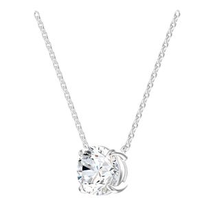 May include: A silver-toned necklace featuring a single round, clear, faceted stone pendant held in a four-prong setting. The pendant is suspended from a delicate, thin silver-toned chain with small, uniform circular links that extend upward.