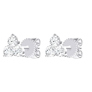 May include: A pair of silver-toned stud earrings, each featuring three round, clear, faceted stones arranged in a triangular cluster. The earrings include a post back with a circular, textured backing mechanism for secure attachment to the earlobe.