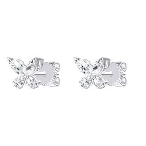 May include: A pair of silver-toned stud earrings shaped like butterflies. Each earring features four clear, marquise-cut stones arranged to form wings, with a metallic post and a circular, textured backing visible on the side of each piece.