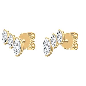 May include: A pair of gold stud earrings, each featuring three marquise-cut clear stones arranged in a curved, ascending line. The earrings include gold post backs with a textured, circular edge design, showcasing a polished metallic finish.