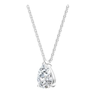 May include: A silver-toned necklace featuring a pear-shaped clear gemstone pendant. The pendant is held by a three-prong setting and hangs from a delicate, matching silver-toned chain with small, uniform oval links that catch the light.