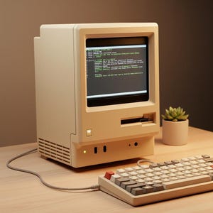 May include: A vintage beige computer with a screen displaying green text, a beige keyboard, and a small succulent plant in a white pot. The computer has a floppy disk drive and a power button. The keyboard has gray and red keys.