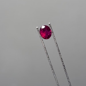 May include: A vibrant, oval-cut ruby gemstone held securely between the two thin, textured metal prongs of a pair of silver-toned tweezers. The deep red stone features multiple facets that reflect light, creating a bright, sparkling appearance.