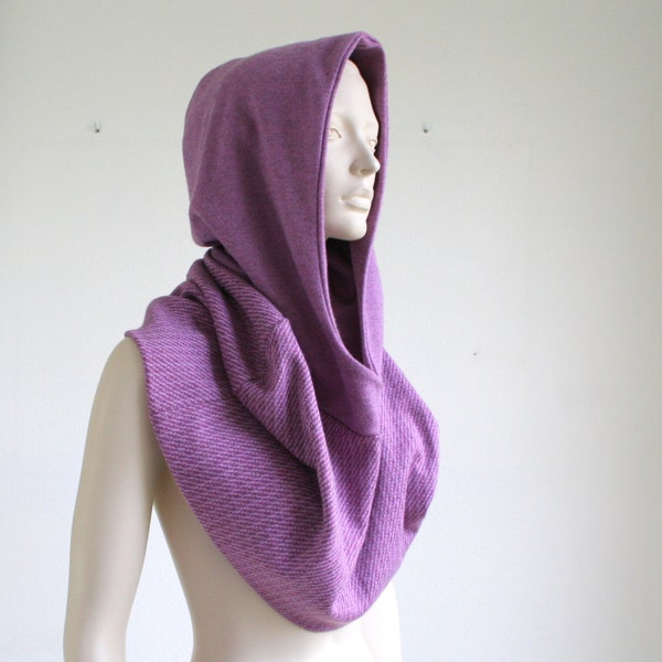 Lilac hooded scarf // cowl // cape // poncho, shades of pink and lilac purple, soft knit scarf