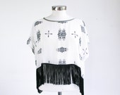 SUPER SALE Fringe and chiffon top with ornamental print, super light summer sheer top, oversized, one size