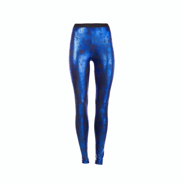 Metallic leggings, vibrant electric blue reptile // crocodile pattern, size S M L Xl