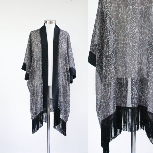 Reptile print fringe kimono, chiffon and fringe kimono, black chiffon kimono, one size