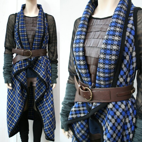 Long wool vest in blue/black/grey pattern, women's wool vest, styling accessory