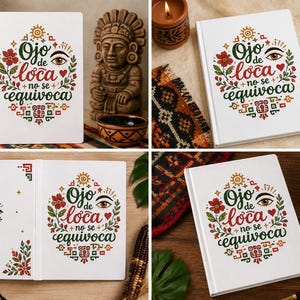 May include: A white hardcover journal featuring a colorful graphic design with the Spanish text Ojo de loca no se equivoca, surrounded by floral motifs, an eye illustration, and geometric patterns in shades of red, green, and orange.