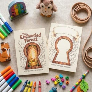 Può includere: Due libri "Storytellers Pocket Adventure" con disegni a forma di buco della serratura, insieme a pennarelli, pastelli e giocattoli di legno colorati. La copertina del libro recita "The Enchanted Forest" con un'illustrazione del buco della serratura. Sono presenti anche un gufo di feltro e una volpe di legno.