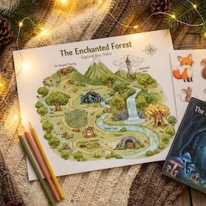 May include: A colorful illustrated map titled "The Enchanted Forest" with a compass rose, a maze, and a waterfall. The map is accompanied by a book and stickers with forest creatures. Three colored pencils are on the left.