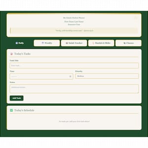 Può includere: Interfaccia di pianificazione digitale con una combinazione di colori verde e crema. Il pianificatore include sezioni per la gestione quotidiana, settimanale e delle attività. Il testo include "My Islamic Student Planner".