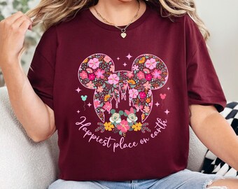 Camiseta floral de Mickey Heads, el lugar más feliz del mundo, viaje a Disney de primavera 613027
