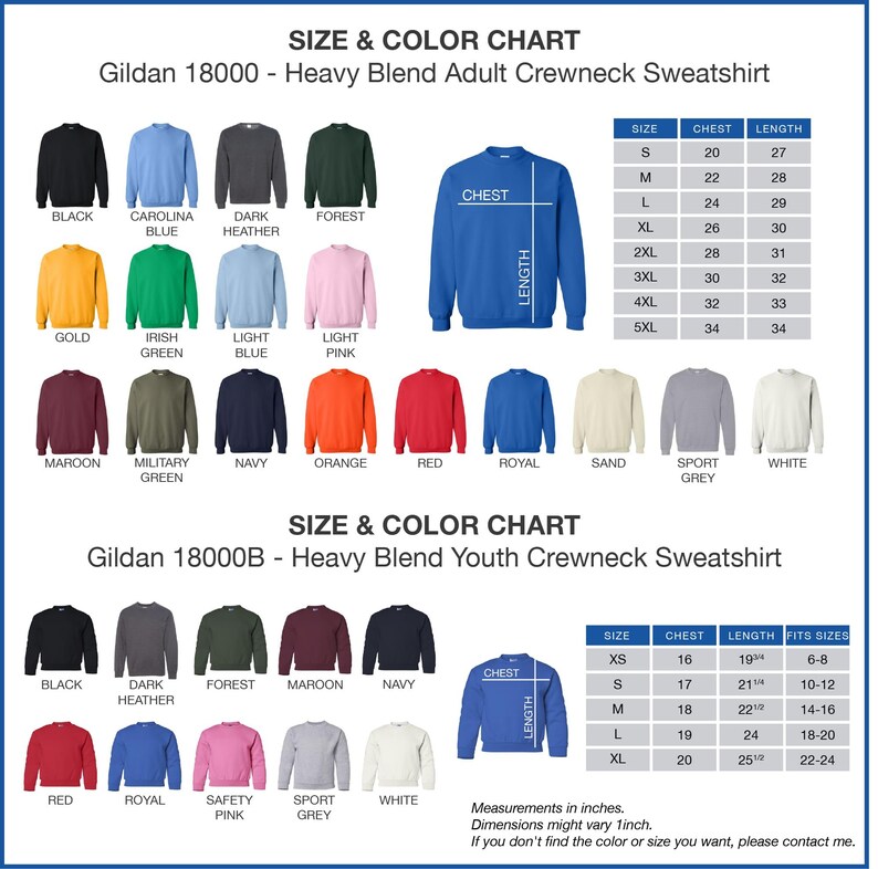 The image is a size and color chart for a heavy blend youth crewneck sweatshirt. It displays a variety of sizes and colors, including black, blue, green, orange, red, royal, and white. The chart provides measurements for each size and color, such as chest, length, and fit sizes. The chart also includes a list of different styles and colors, such as forest, navy, royal, and white. The image is a collage of multiple images, and the text is concise and avoids redundancy.
