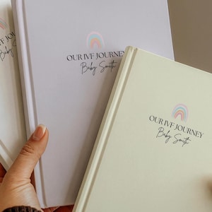 May include: Three hardcover journals in white, light gray, and cream. Each journal features a rainbow graphic and the text "OUR IVF JOURNEY Baby Smith" in black script. The journals are held in a person's hands.