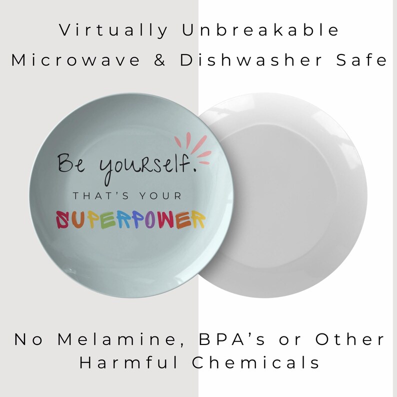 Be Yourself Superpower Plate, Inspirational Kids Plate , Positive Affirmation Plate, Rainbow Quote Plate, UNBREAKABLE POLYMER, Kids Gift