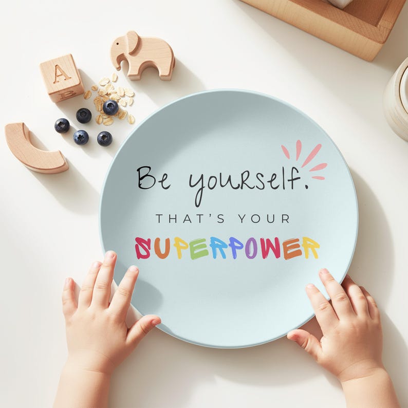 Be Yourself Superpower Plate, Inspirational Kids Plate , Positive Affirmation Plate, Rainbow Quote Plate, UNBREAKABLE POLYMER, Kids Gift