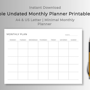 Undated Monthly Planner Printable Landscape, Monday & Sunday Start, Ink Friendly Minimalist Design, Instant Download, A4/Letter