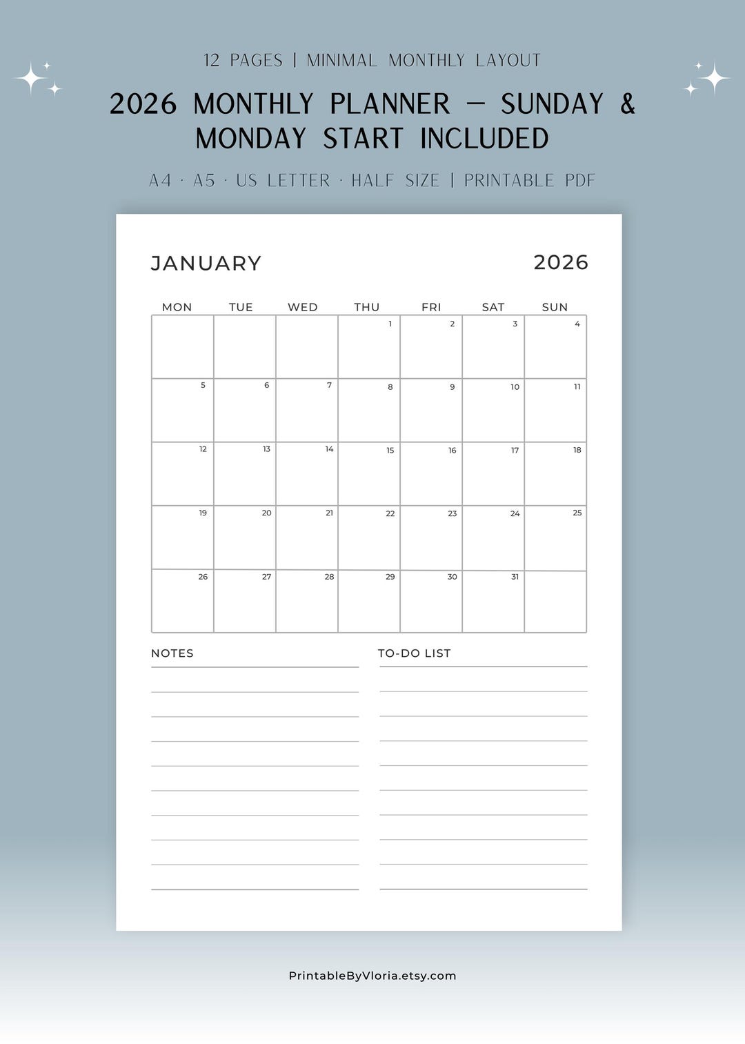 2026 Monthly Planner Printable, 2026 Calendar, Month at a Glance
