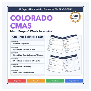 May include: A study guide for 3rd grade Colorado CMAS math, featuring a 6-week intensive program. The guide includes practice questions, a growth tracker, and covers topics like measurement, geometry, and algebraic thinking. The cover is white with purple and blue text.