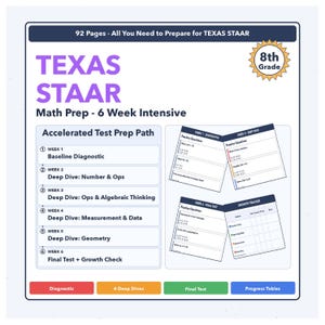 May include: A white educational workbook titled "TEXAS STAAR Math Prep - 6 Week Intensive" for 8th grade. The workbook includes practice questions, deep dives, and a growth tracker. The cover features a purple and white design.