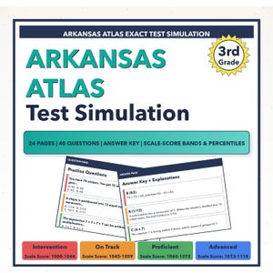 May include: An educational resource for the Arkansas ATLAS Test Simulation, aimed at 3rd grade pupils. The cover displays the title in large teal letters, with supporting information below. Includes practice questions, answer keys, and scale score bands.