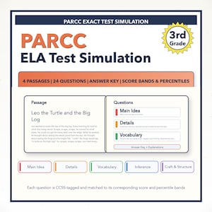 May include: A PARCC ELA test simulation sheet for 3rd grade. The sheet includes a reading passage about a turtle and questions on main idea, details, and vocabulary. The title "PARCC ELA Test Simulation" is displayed in large letters.