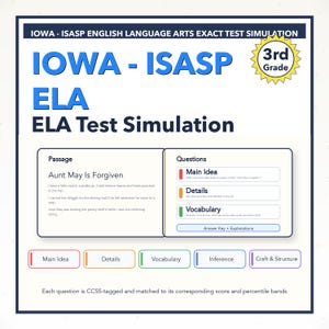 May include: A blue and white educational test simulation for 3rd grade, titled "IOWA - ISASP ELA Test Simulation." The test includes a passage titled "Aunt May Is Forgiven" and questions on Main Idea, Details, and Vocabulary.
