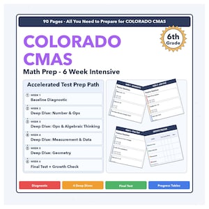 May include: A study guide for 6th grade Colorado CMAS math, featuring a 6-week intensive program. The guide includes practice questions, a growth tracker, and covers topics like measurement, geometry, and algebraic thinking. The cover displays the text "COLORADO CMAS".