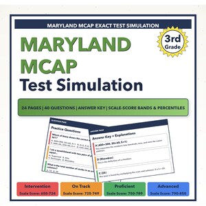 May include: A Maryland MCAP Test Simulation booklet for 3rd grade students. The cover features the title in large green letters, with details on pages, questions, and answer keys. Includes scale score bands for intervention, on track, proficient, and advanced levels.