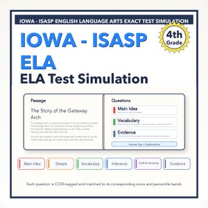 May include: A study guide for the Iowa - ISASP ELA test. The blue and white graphic includes the text "IOWA - ISASP ELA Test Simulation" and "4th Grade". It features a passage about the Gateway Arch and questions about main idea, vocabulary, and evidence.