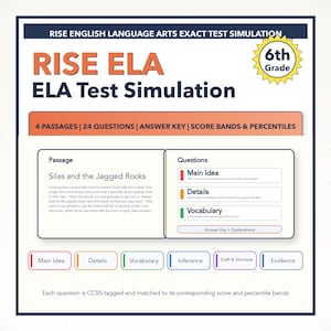 May include: A study guide for 6th-grade English Language Arts (ELA) test simulation. The title "RISE ELA ELA Test Simulation" is displayed in orange and white. The guide includes passages, questions, answer keys, and score bands.
