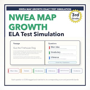 May include: Educational test simulation for 3rd grade students. The image features the text "NWEA MAP GROWTH ELA Test Simulation" in green, with a passage about "Gus the Firehouse Dog" and related questions on main idea, vocabulary, and inference.