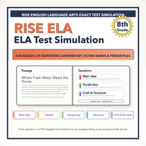 May include: A study guide for 8th-grade English Language Arts (ELA) test simulation. The title "RISE ELA Test Simulation" is displayed in orange. The guide includes passages, questions, an answer key, and score bands.