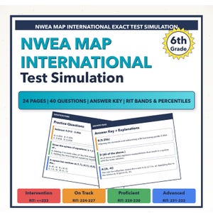Può includere: Una guida alla simulazione di test per studenti di 6a elementare. La copertina presenta il testo "NWEA MAP INTERNATIONAL Test Simulation". Include 24 pagine, 40 domande, una chiave di risposta e bande e percentili RIT. Sezioni codificate a colori indicano i livelli di intervento, in corso, competente e avanzato.