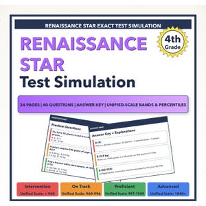 May include: A test simulation for 4th grade students. The cover features the title "Renaissance Star Test Simulation" in purple and white. Includes practice questions, answer keys, and unified scale bands. The test has 24 pages and 40 questions.