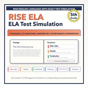 May include: A test simulation for 5th grade English Language Arts (ELA). The design features the text "RISE ELA ELA Test Simulation" in orange and white. The test includes passages, questions, an answer key, and score bands. The image also includes the text "The Shimmering Lure".