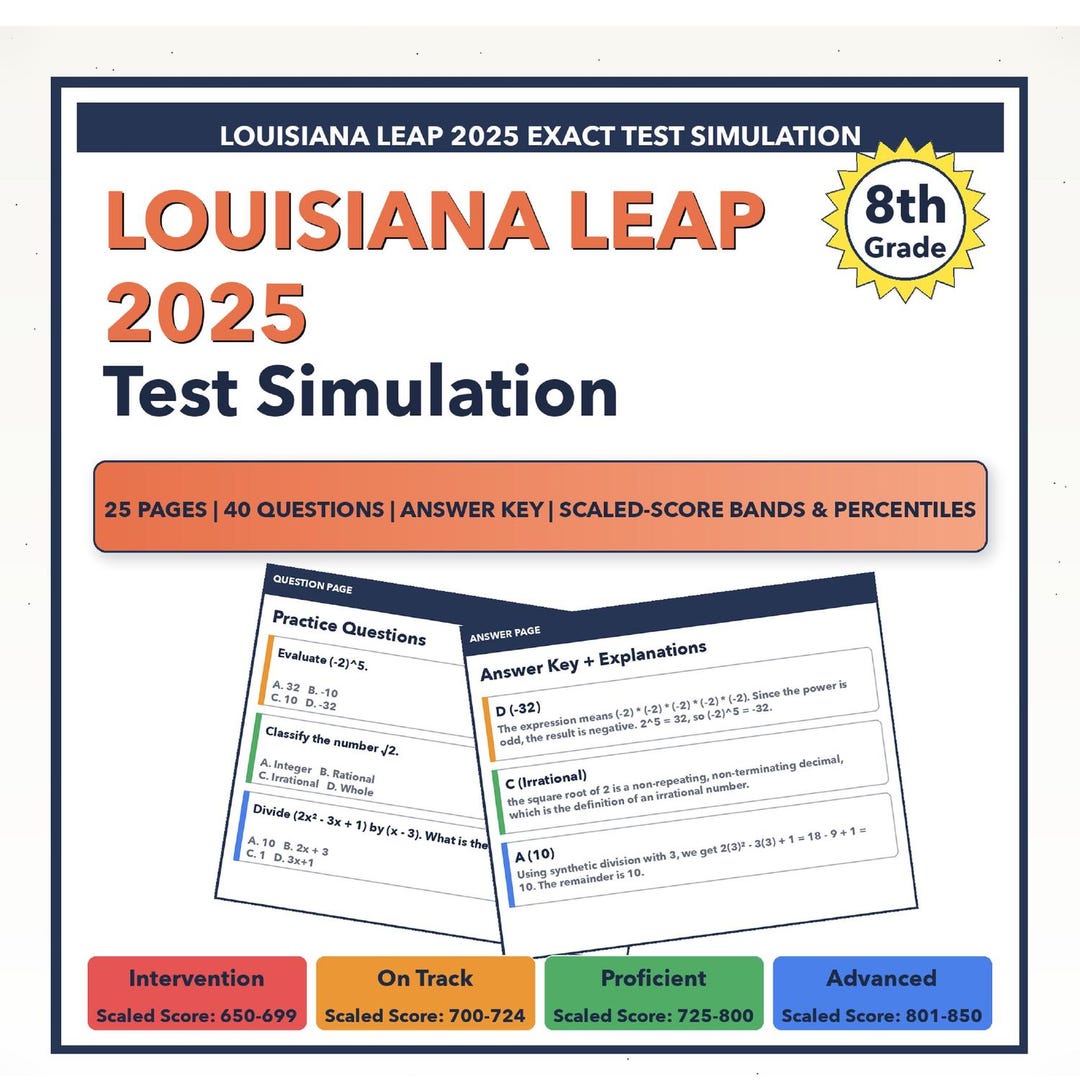 8th Grade Louisiana LEAP 2025 Math Test Simulation | All 4 Levels (650 ...