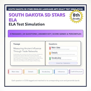 May include: A study guide for 8th-grade English Language Arts, featuring the text "South Dakota SD Stars ELA Test Simulation." The guide includes passages, questions, an answer key, and score bands. The main topic is "Measuring Ancient Influence Through Trade Networks."