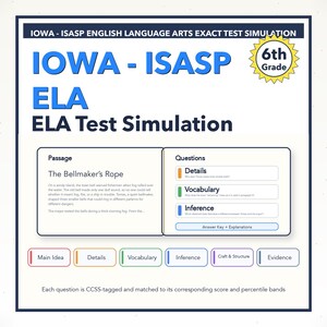 May include: A study guide for the Iowa - ISASP ELA test simulation. The guide includes a passage titled "The Bellmaker's Rope" and questions on details, vocabulary, and inference. The guide is for 6th grade students.