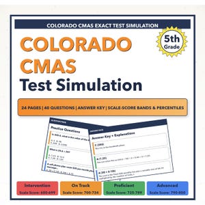 May include: A study guide for 5th-grade Colorado CMAS test simulation. The cover features the text "COLORADO CMAS Test Simulation" in orange and black. Includes 24 pages, 40 questions, an answer key, and scale-score bands. The guide is for students to practice.
