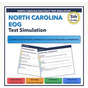 May include: A study guide for the North Carolina EOG test, 5th grade level. The blue and white design includes practice questions, an answer key, and scale-score bands. The guide has 24 pages and 40 questions.