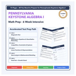 May include: A 73-page Pennsylvania Keystone Algebra I math prep guide featuring a 6-week intensive schedule. The document outlines an accelerated test prep path, including diagnostic tests, practice questions, deep dives, and progress tables.