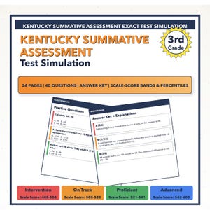 May include: A Kentucky Summative Assessment test simulation for 3rd grade. The cover features the title and a 3rd Grade badge. Inside are practice questions, answer keys, and scale score bands. The document is 24 pages long with 40 questions.