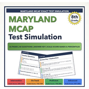 May include: A Maryland MCAP Test Simulation for 8th grade. The cover features the title in green, with details about the content: 26 pages, 40 questions, answer key, and scale-score bands. Includes practice questions and answer explanations.